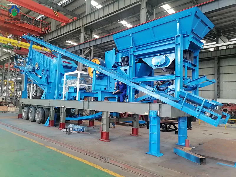 Estructura modular de la planta móvil de mandíbula sobre neumáticos.