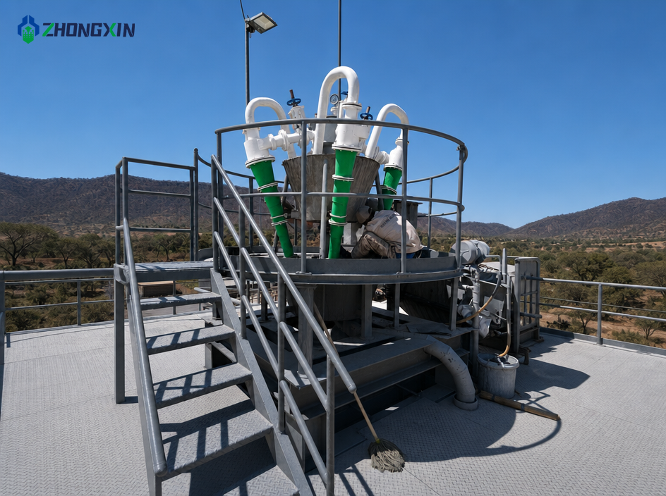 Hidrociclones industriales instalados en una gran planta de procesamiento de minerales de cobre y oro en América Latina.