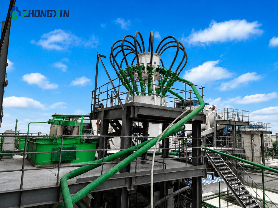 Sistema de batería de hidrociclones completo instalado y operando fluidamente en planta minera global.