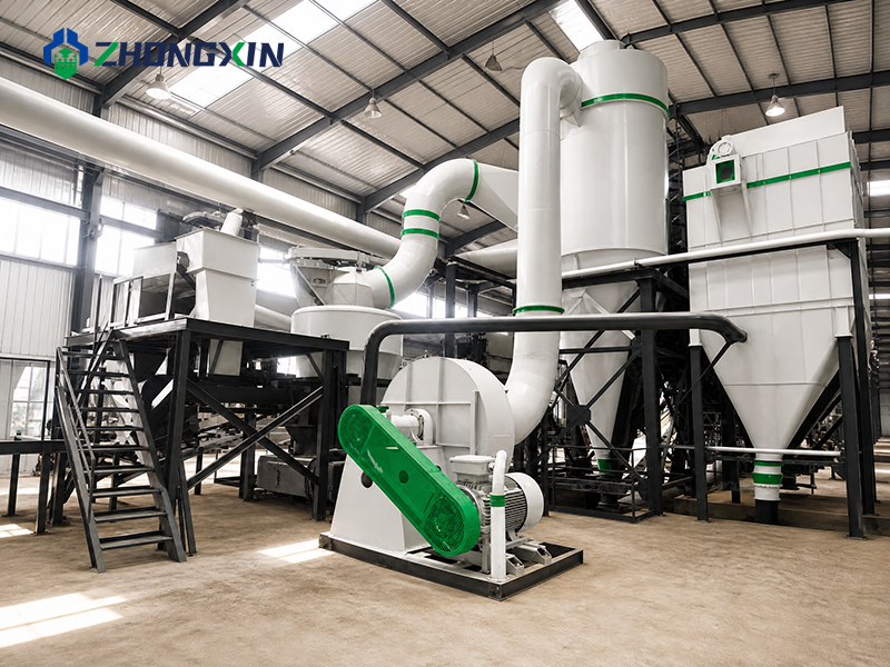 Línea de producción con molino vertical, sistema de alimentación y separador ciclónico