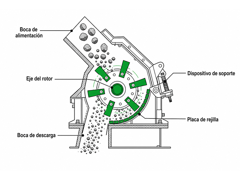 Esquema estructural de la trituradora de martillos PC con rotor, martillos y criba